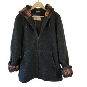 Sandro Black Boucle Full-Zip Hooded Jacket Sz L Plaid Lining Contemporary Pocket